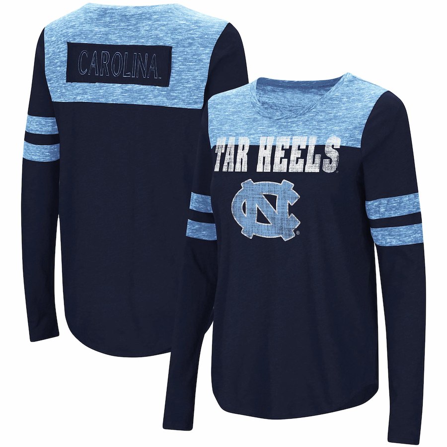 North Carolina Tar Heels Colosseum Women's My Way Striped Long Sleeve T-Shirt - Navy/Carolina Blue - AtlanticCoastSports