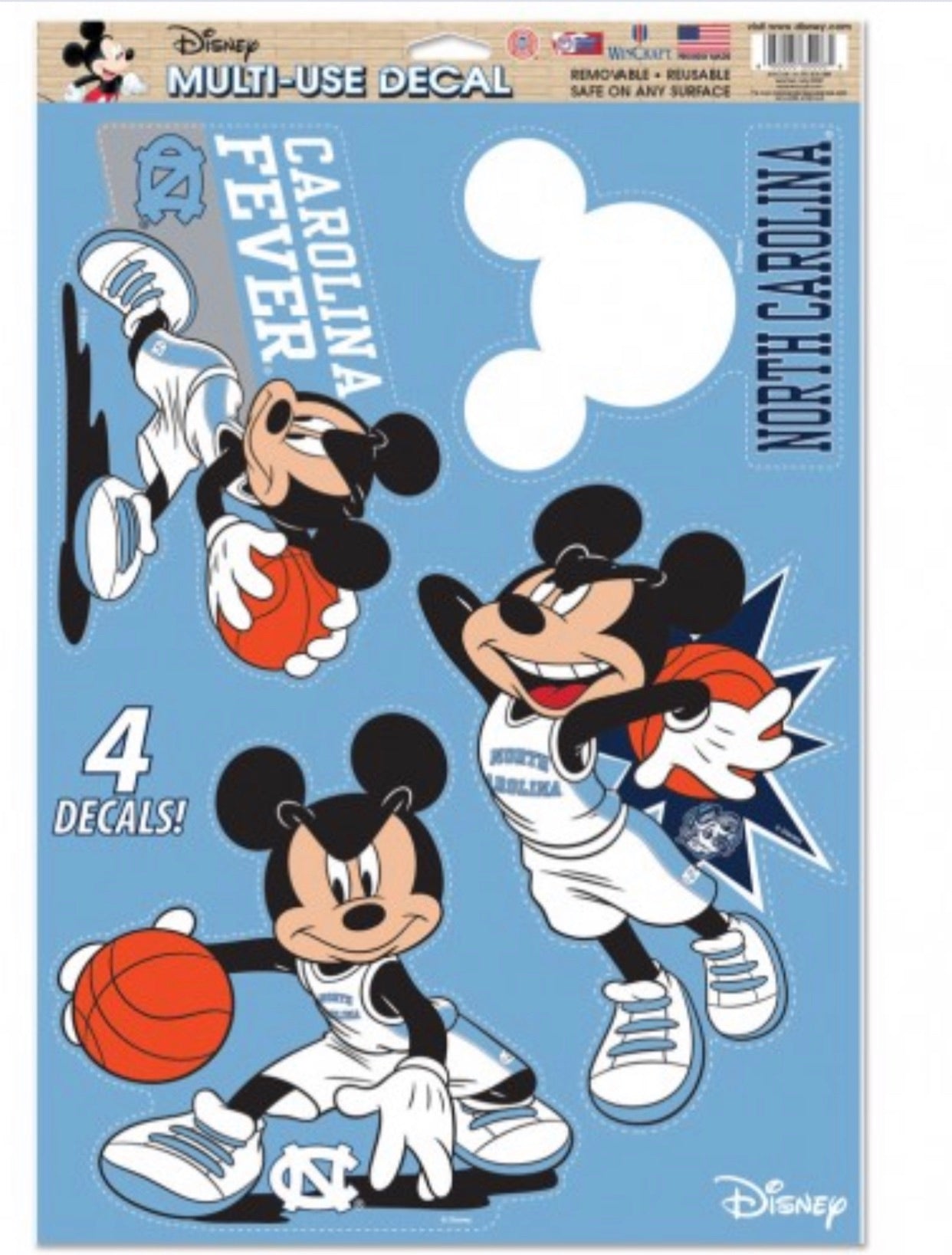 NORTH CAROLINA, UNIVERSITY OF / DISNEY MICKEY MOUSE BASKETBALL MULTI-USE DECAL 11" X 17" - AtlanticCoastSports